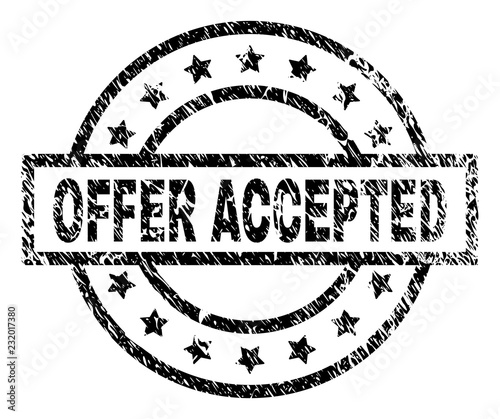 OFFER ACCEPTED stamp seal watermark with distress style. Designed with rectangle, circles and stars. Black vector rubber print of OFFER ACCEPTED caption with dust texture.