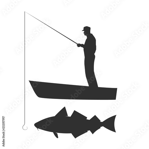 Old man is fishing cod on boat. Vector silhouette illustration.