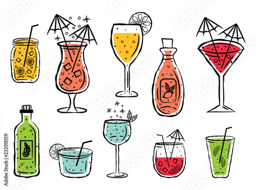 Set of Cocktails Glasses in Vector. Alcohol Drinks and Cocktails Set
