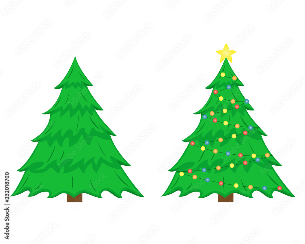 Two vector Christmas trees. Christmas tree before decorating and after with Christmas decorations. Flat isolated illustration.