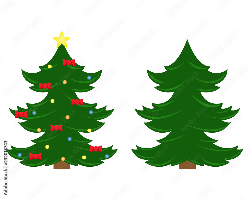 Two vector Christmas trees. Christmas tree before decorating and after with Christmas decorations. Flat isolated illustration.