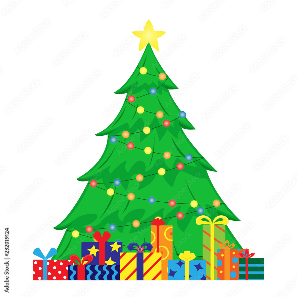 Flat illustration with decorated Christmas tree and Christmas gifts under it. Flat illustration with decorated Christmas tree and Christmas gifts under it.