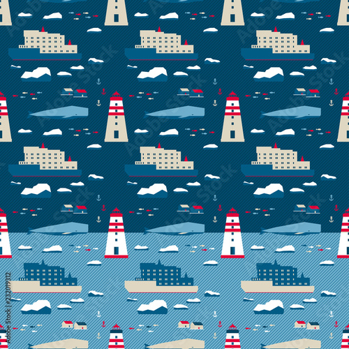 7146942 Seamless pattern. Whale and lighthouse