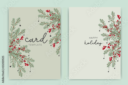 Holidays card template with leaf and red berry