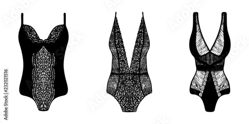 Lace hand-drawn ink on women's underwear. Set of 3 sexy lingerie sets.