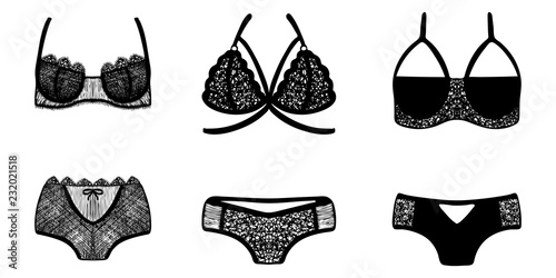 Lace hand-drawn ink on women's underwear. Set of 3 sexy lingerie sets.