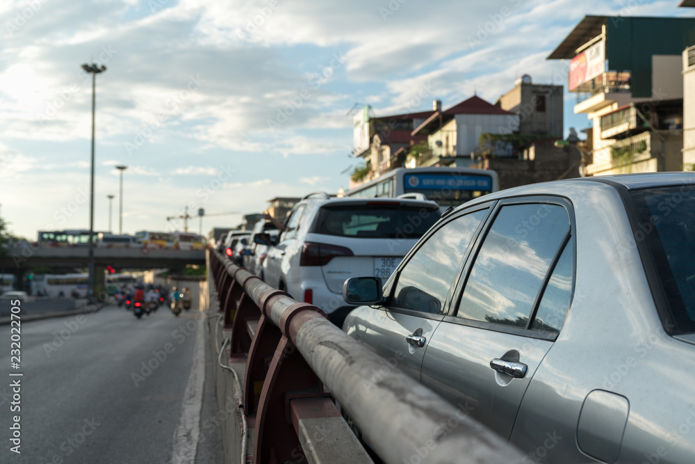 The traffic jam on road upto overbridge at rush hour