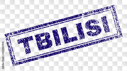 TBILISI stamp seal print with rubber print style and double framed rectangle shape. Stamp is placed on a transparent background. Blue vector rubber print of TBILISI label with scratched texture.