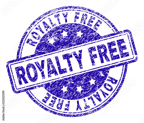ROYALTY FREE stamp seal watermark with distress texture. Designed with rounded rectangles and circles. Blue vector rubber print of ROYALTY FREE title with unclean texture.