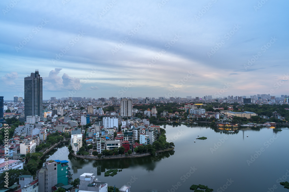 Fototapeta premium Aerial view of Hanoi skyline at West Lake or Ho Tay. Hanoi cityscape at twilight