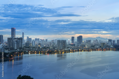 Aerial view of Hanoi skyline at West Lake or Ho Tay. Hanoi cityscape at twilight