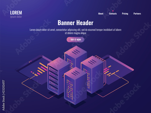 Server room isometric icon, big data processing and datacenter concept, database cloud storage, web hosting dark neon