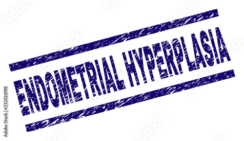 ENDOMETRIAL HYPERPLASIA seal watermark with distress style. Blue vector rubber print of ENDOMETRIAL HYPERPLASIA text with grunge texture. Text label is placed between parallel lines.