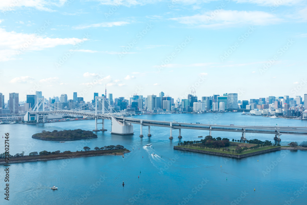 (東京都ｰ都市風景)お台場から望むレインボーブリッジと湾岸風景６
