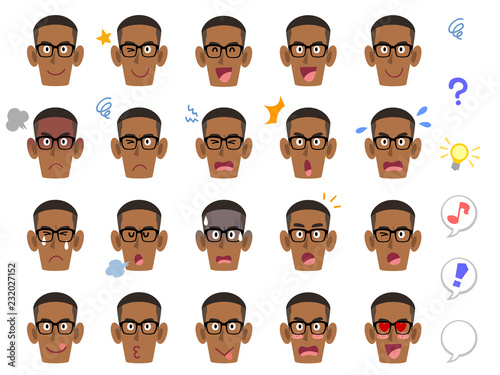 メガネをかけた黒人の男性の20種類の表情