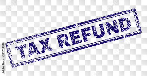 TAX REFUND stamp seal print with rubber print style and double framed rectangle shape. Stamp is placed on a transparent background.