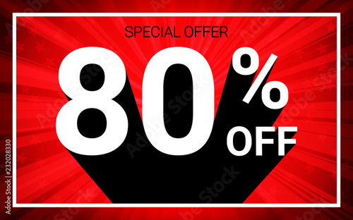80% OFF Sale. White color 3D text and black shadow on red burst background design. Discount special offer promo advertising concept vector illustration.