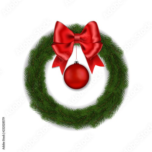 Green Christmas wreath with red ribbon bow and ball vector isolated on white background. Xmas round 