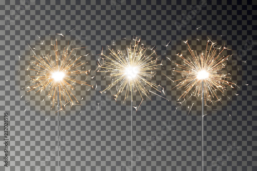 Bengal fire sparkle vector set. New year sparkler candle isolated on transparent background. Realistic vector illustration