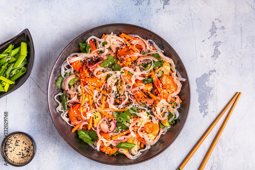 Asian salad with rice noodles, shrimp and vegetables.