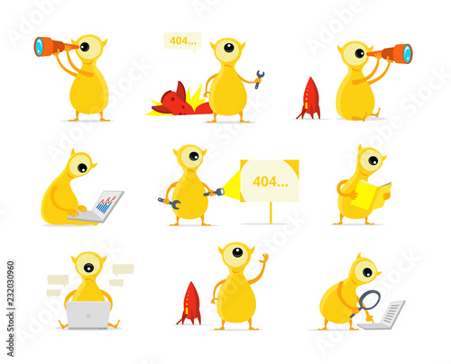 Alien, one-eyed mascot. Monster 404 sticker set.