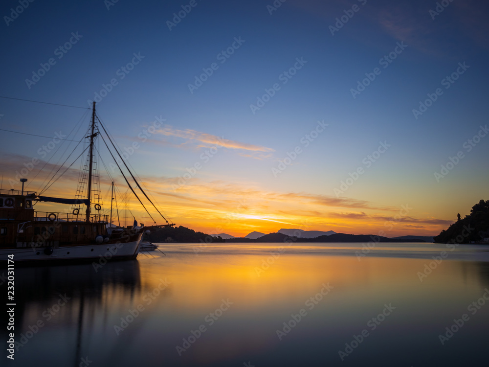 Sunrise on the bay of Nidri in Lefkas island Greece