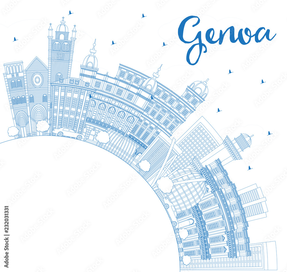 Outline Genoa Italy City Skyline with Blue Buildings and Copy Space.