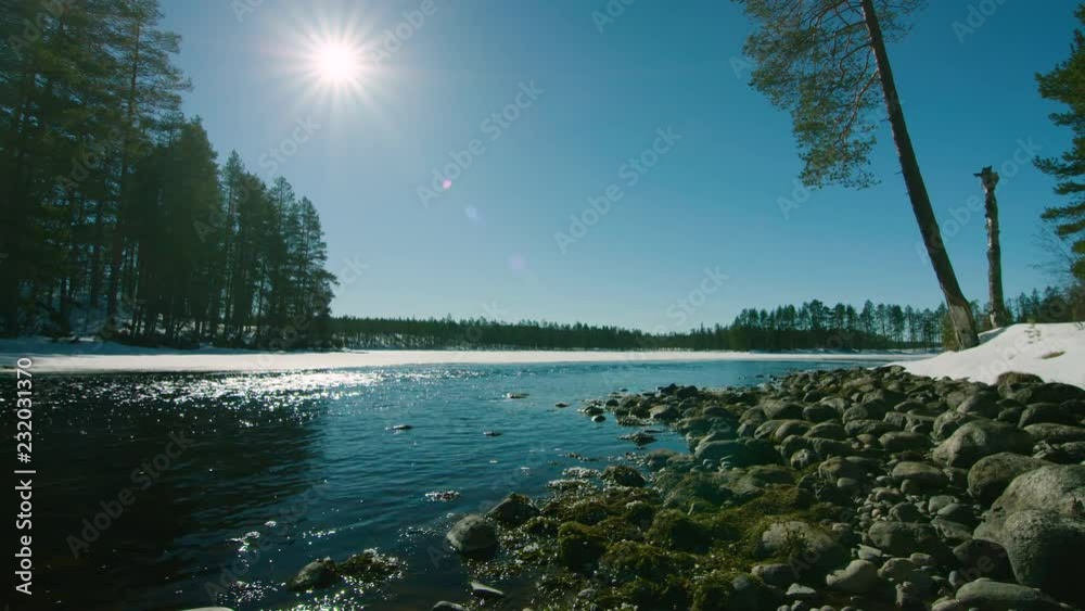 Cinematic ice cold stream tracking shot left to right
