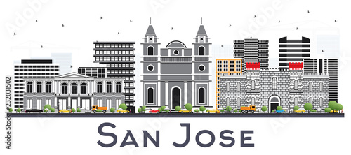 San Jose Costa Rica City Skyline with Color Buildings Isolated on White.