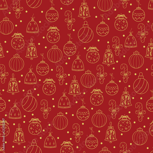 Hand drawn Merry Christmas and Happy New Year doodle gold and red  seamless pattern