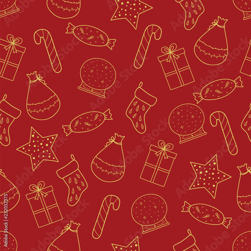 Hand drawn Merry Christmas and Happy New Year doodle gold and red  seamless pattern