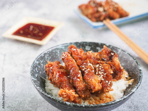 Rice with teriyaki chicken grill or teriyaki don in Japanese style set. Ready to eat set.