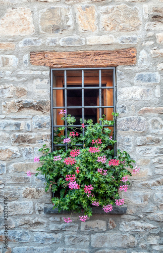 Facade of ancient house decorated with flowers
