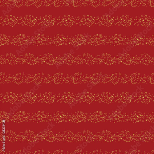 Hand drawn Merry Christmas and Happy New Year doodle gold and red  seamless pattern with Holly berry leaves