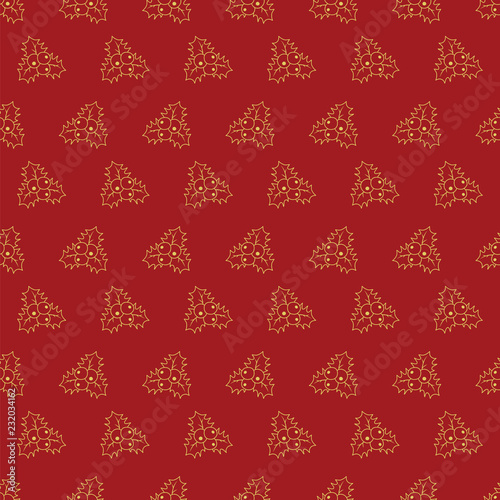 Hand drawn Merry Christmas and Happy New Year doodle gold and red  seamless pattern  with Holly berry leaves