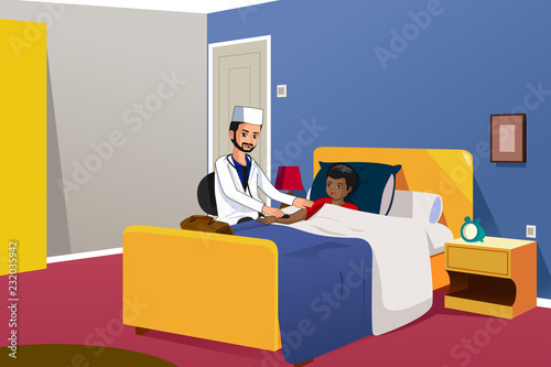 Muslim Doctor Checking on a Boy Illustration