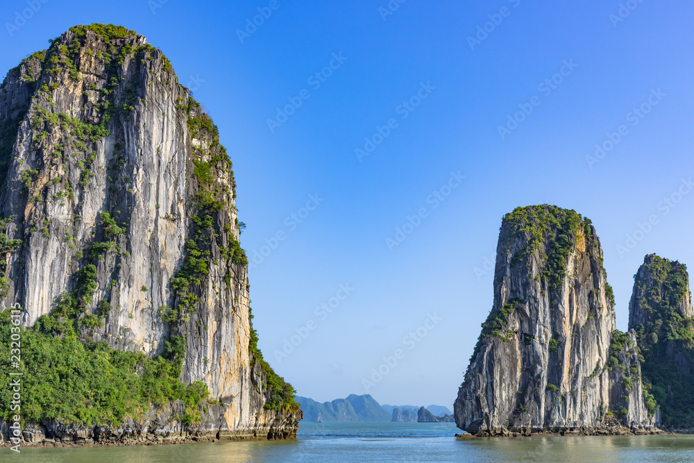 Halong Bay A UNESCO World Heritage Site in Vietnam's Quang Ninh Province, a popular tourist destination. The bay is located in the Gulf of Tonkin, South China Sea