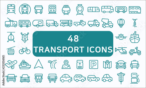 Set Of 48 Transport Related Vector Line Icons Contains such Icons as Bus, Bike, Scooter, Car, balloon,Truck, Tram, Airplane and more. customize color, stroke width control , easy resize.