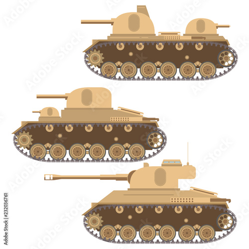 A set of armored army military tanks with a tower the gun and a machine gun. The vehicle with caterpillars. A concept of design of icons on World War II. In flat style a vector.Army equipment