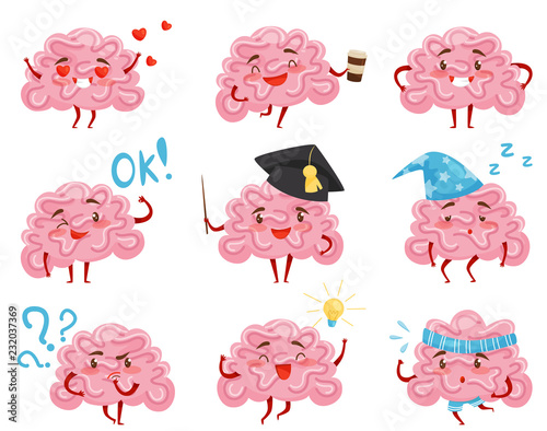 Flat vector set of pink humanized brains in different situations. Funny cartoon characters. Human organ