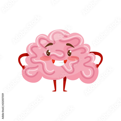 Pink humanized brain with smiling face, little arms and legs. Human organ. Funny cartoon character. Flat vector icon