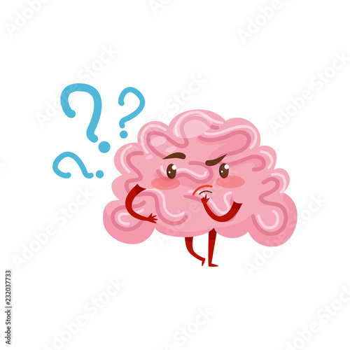 Pink humanized brain with pensive face expression. Human organ. Cartoon character. Flat vector for mobile app or social network