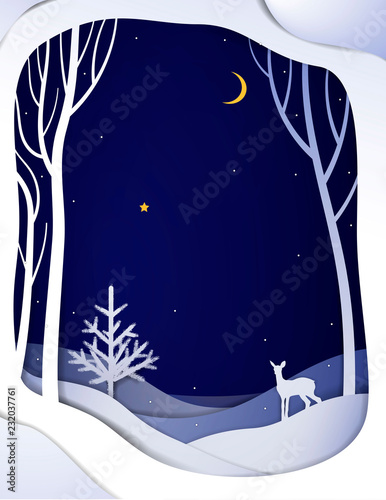 Paper winter forest night landscape with young deer and Christmas tree, paper winter fairytale background with bambi,