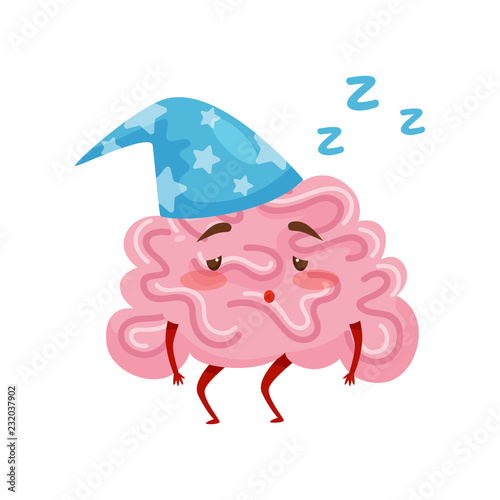 Sleepy tired humanized brain in blue nightcap. Cartoon character of human organ. Flat vector icon