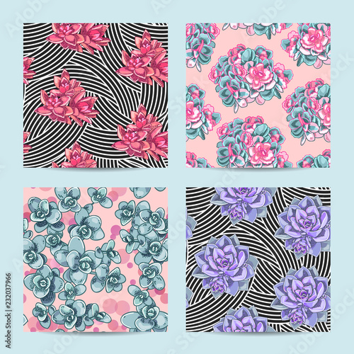 Floral seamless pattern set. Collection of botanical illustrations. Succulents decoration design.