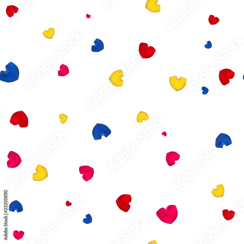 Pink, red, yellow and blue rose petals. Seamless pattern background. The shape of a heart. Valentines day. Vector illustration.