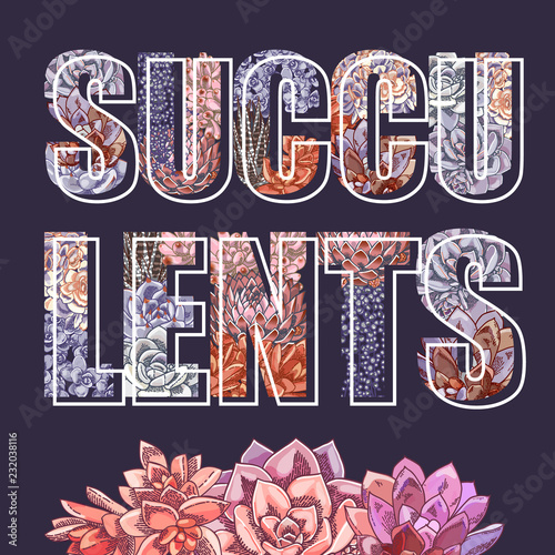 Vector lettering decorated with plants. The word "succulents". Floral botanical illustration.