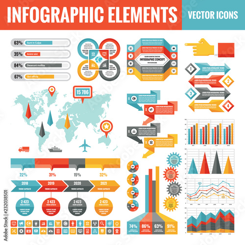 Infographic elements template collection - business vector Illustration in flat design style for presentation, booklet, website etc. Big set of Infograph and icons. Abstract graphic concept banners. 
