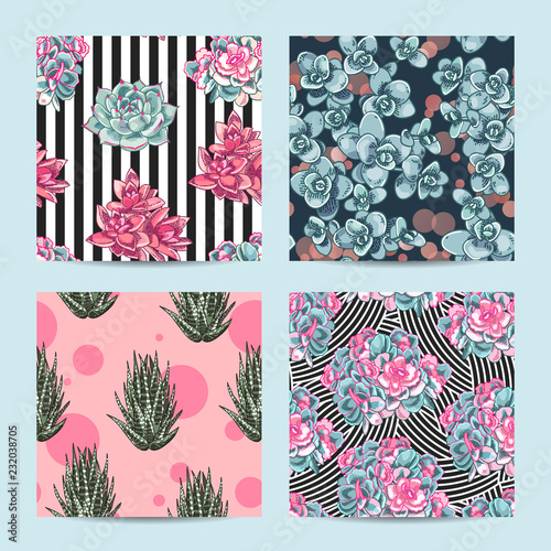 Floral seamless pattern set. Collection of botanical illustrations. Succulents decoration design.