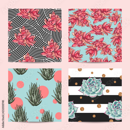 Floral seamless pattern set. Collection of botanical illustrations. Succulents decoration design.